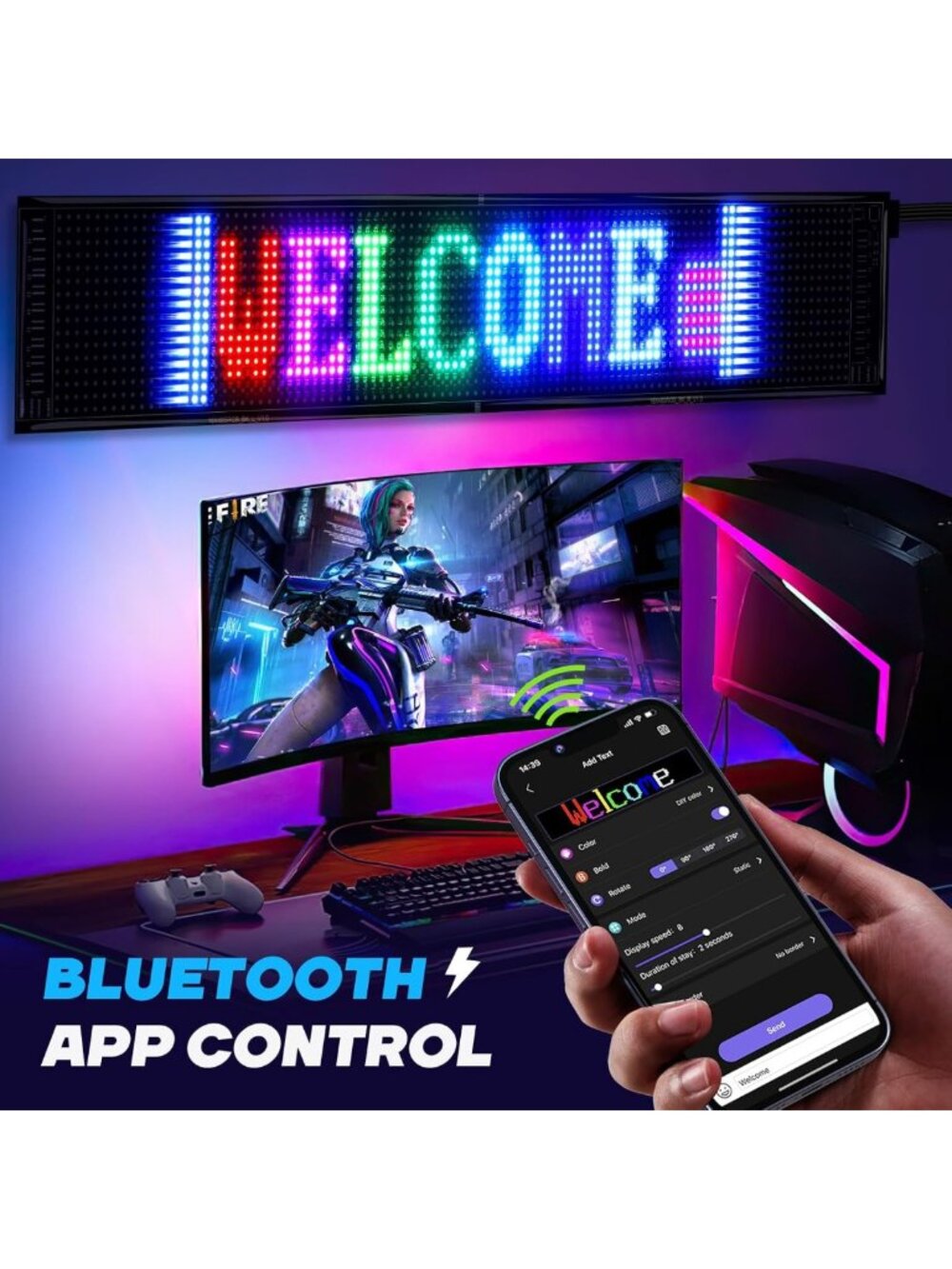 Large Bright LED Store Sign 37''x8'' - Bluetooth Control, Custom Text - Picture 4 of 6